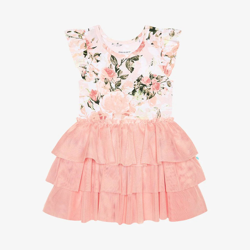 Posh Peanut Vintage Pink Rose Ruffled Cap Sleeve Tulle Dress-POSH PEANUT-Little Giant Kidz