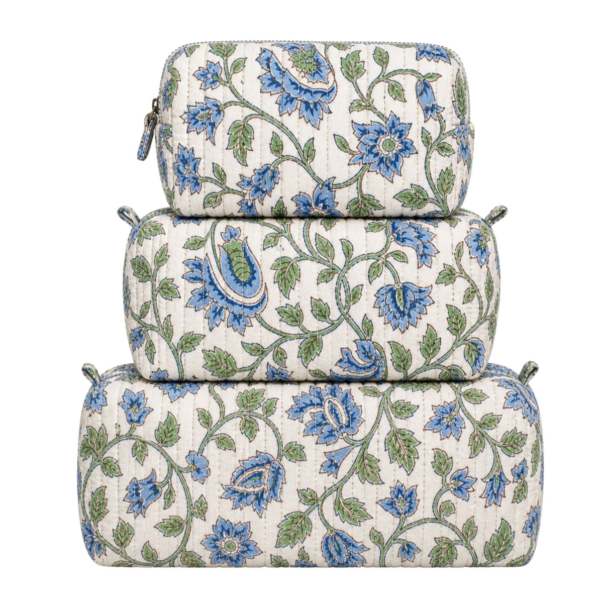 Queens Design 3-IN-1 QUILTED COSMETIC BAGS - Green blue floral cosmetic bag set-Queens Design-Little Giant Kidz