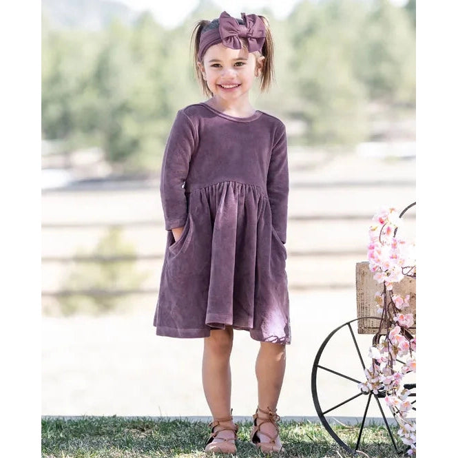 RuffleButts Vintage Violet Velour 3/4 Sleeve Twirl Dress-RUFFLEBUTTS-Little Giant Kidz