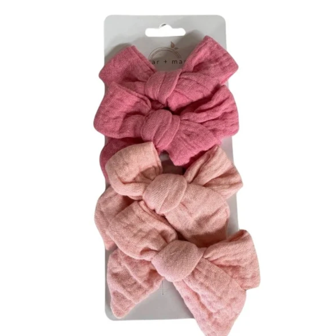 Sugar + MapleTied Muslin Bow Clips - Peach/Bubblegum-SUGAR AND MAPLE-Little Giant Kidz