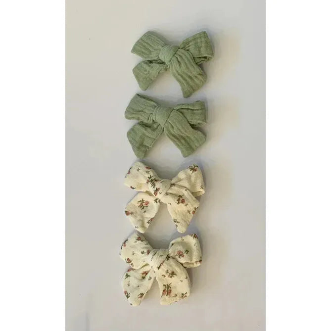 Sugar + MapleTied Muslin Bow Clips - Sage/Floral-SUGAR AND MAPLE-Little Giant Kidz