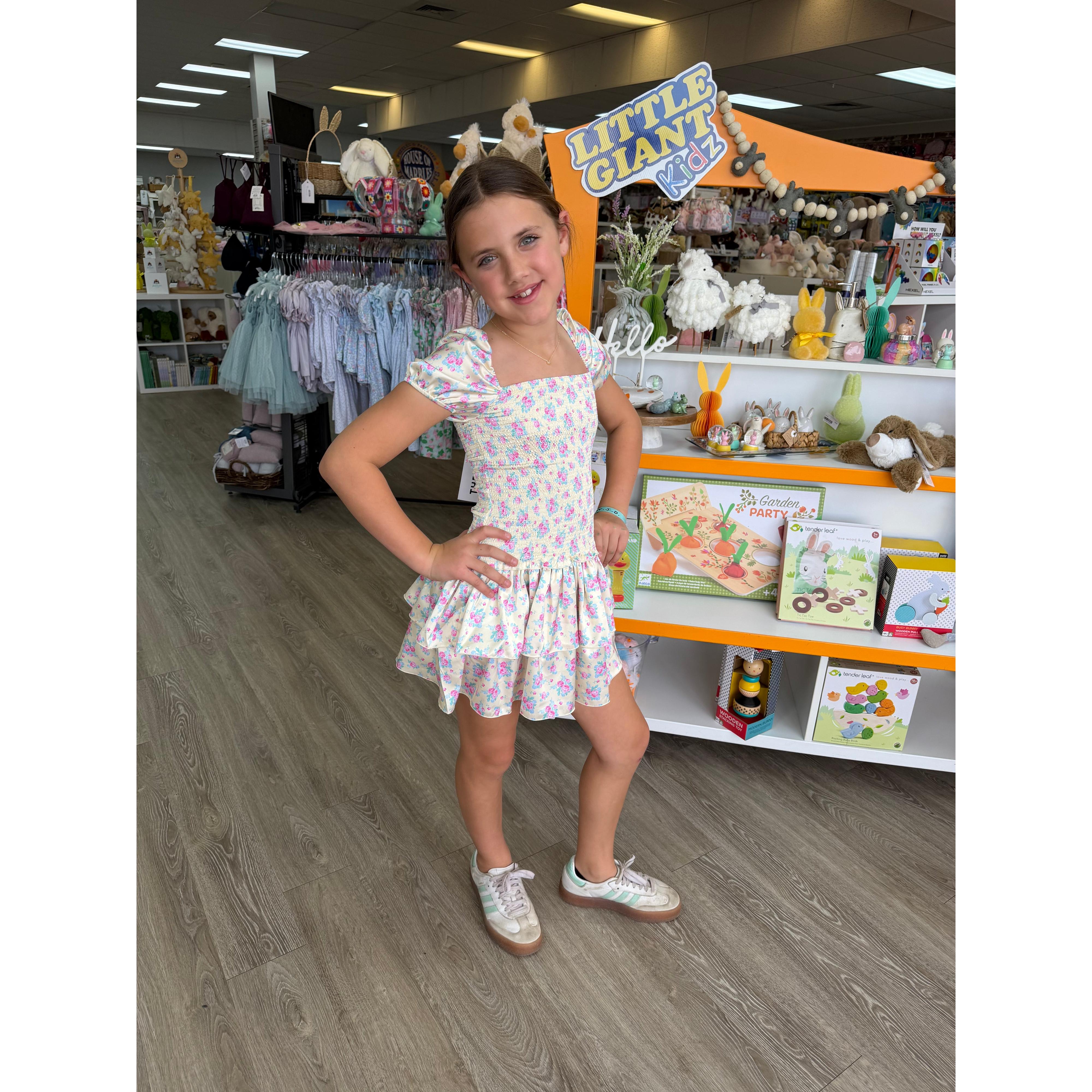 THEME Lexi Romantic Rose With Yellow Satin Smocked Short Sleeve Ruffle Dress-THEME-Little Giant Kidz