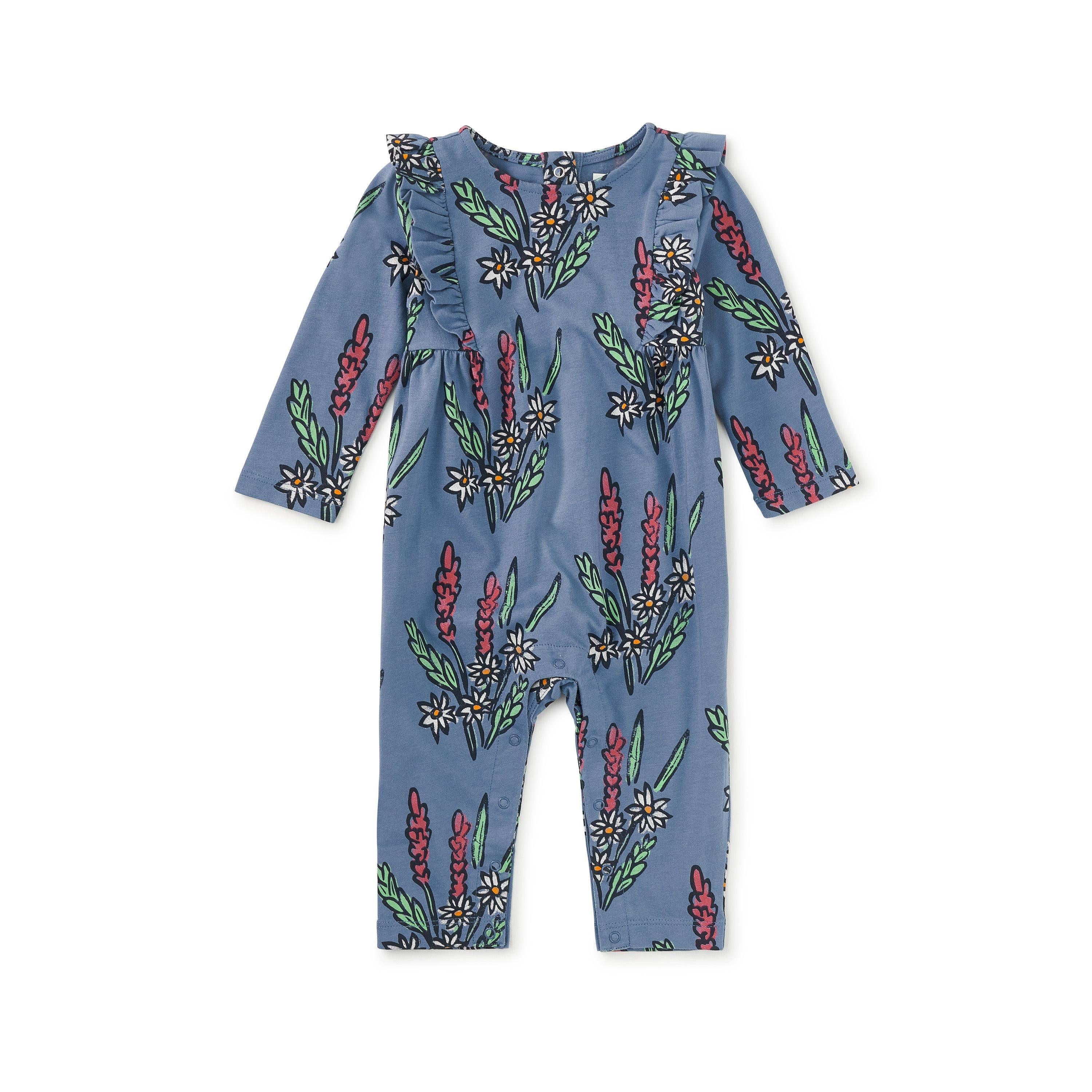 Tea Ruffle Shoulder Baby Romper- Block Print Floral-TEA-Little Giant Kidz