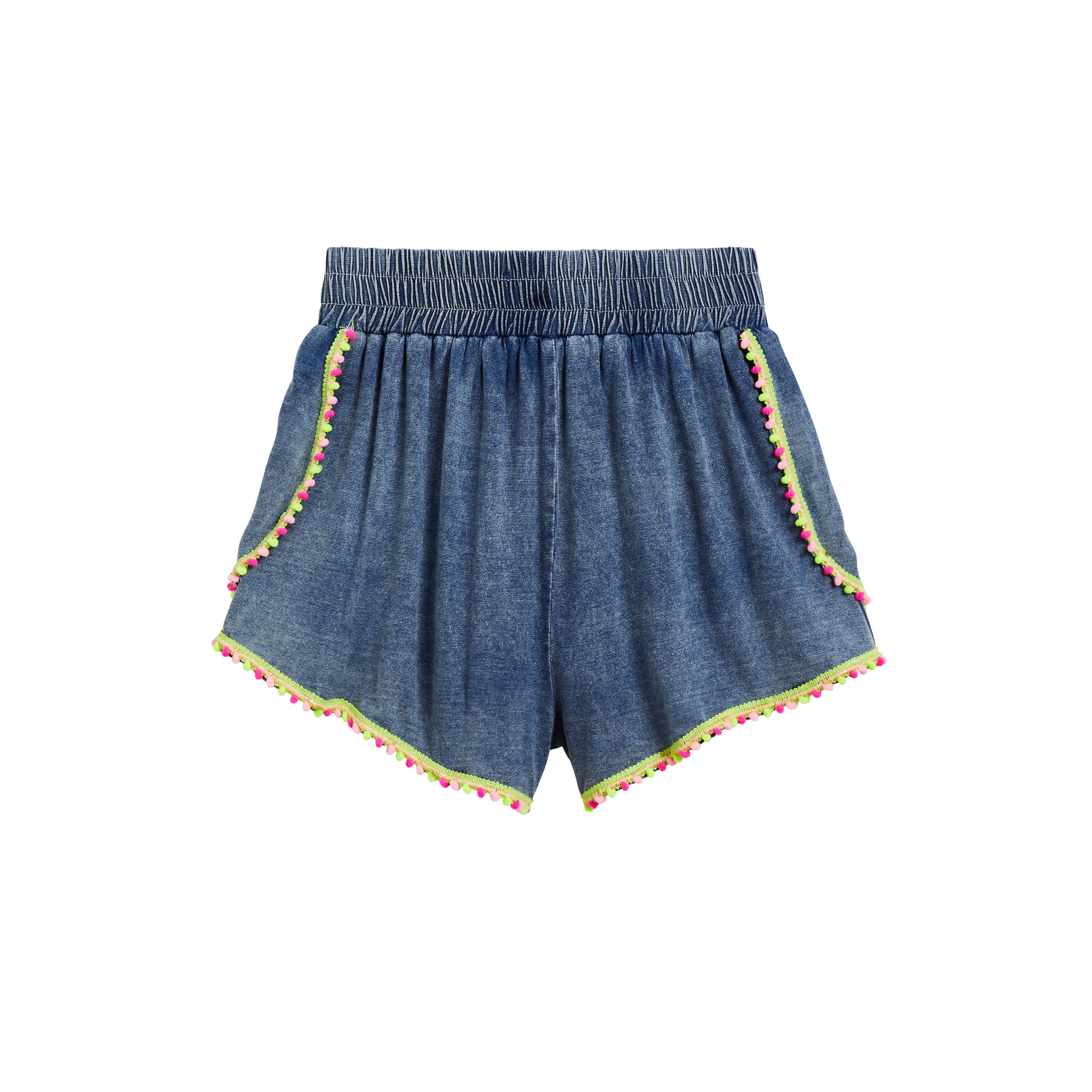 Tractr Girls Neon Mini Poms Dolphin Short-Dark Indigo-TRACTR JEANS-Little Giant Kidz