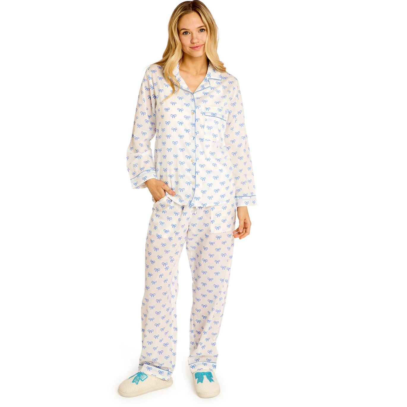 Two's Company Women Coquette Bow Print Cotton Printed Pajamas - Blue-TWO'S COMPANY-Little Giant Kidz