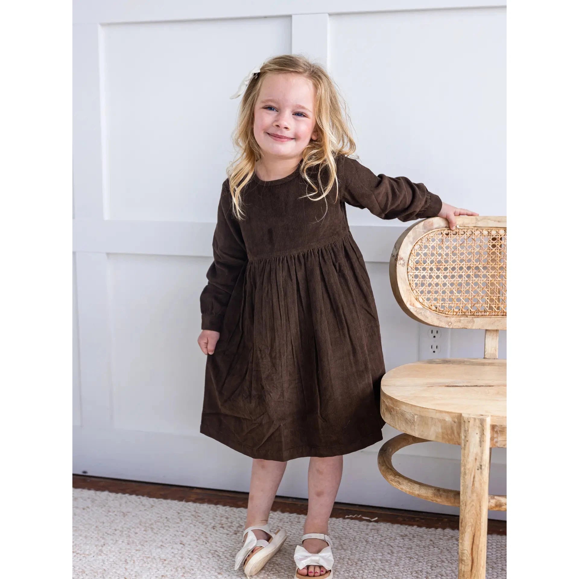 Yo Baby Brown Corduroy Solid Color Long Sleeves Gathered Dress-Yo Baby-Little Giant Kidz