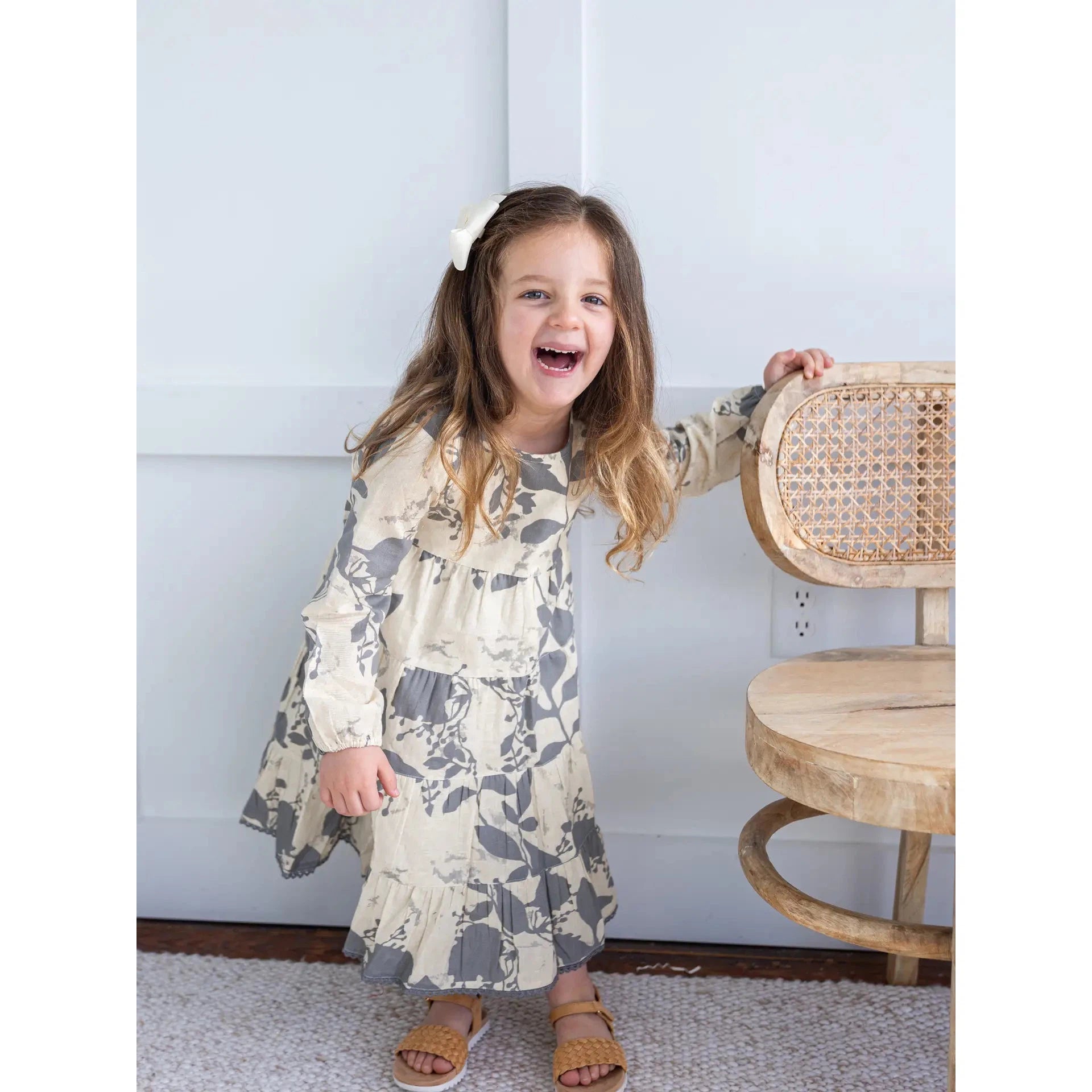 Yo Baby Grey Leaf Printed Tiered Long Sleeve Dress-Yo Baby-Little Giant Kidz