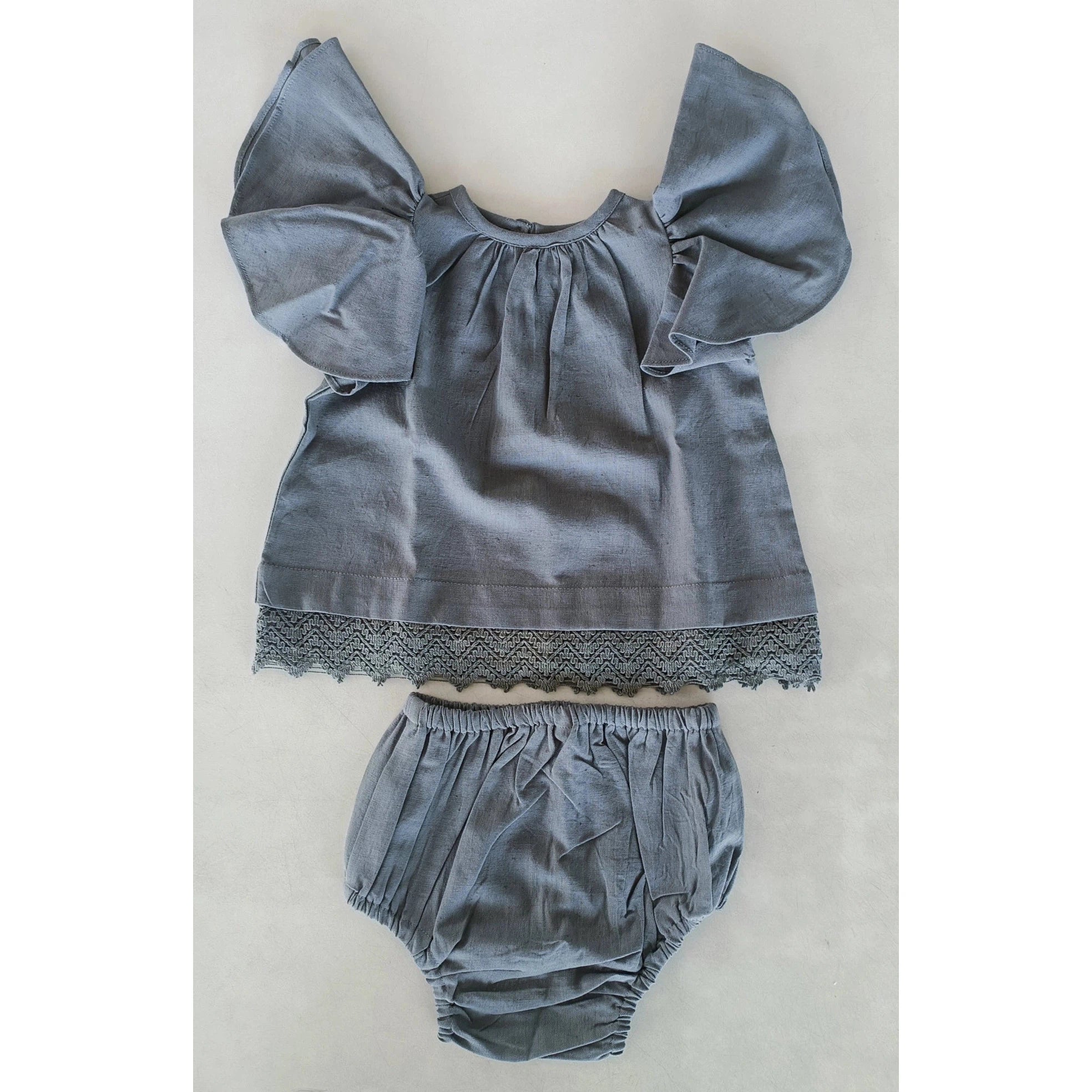 Yo Baby Grey Solid Color Sleeve & Neck Gathered Dress & Bloomer Set 12-18M