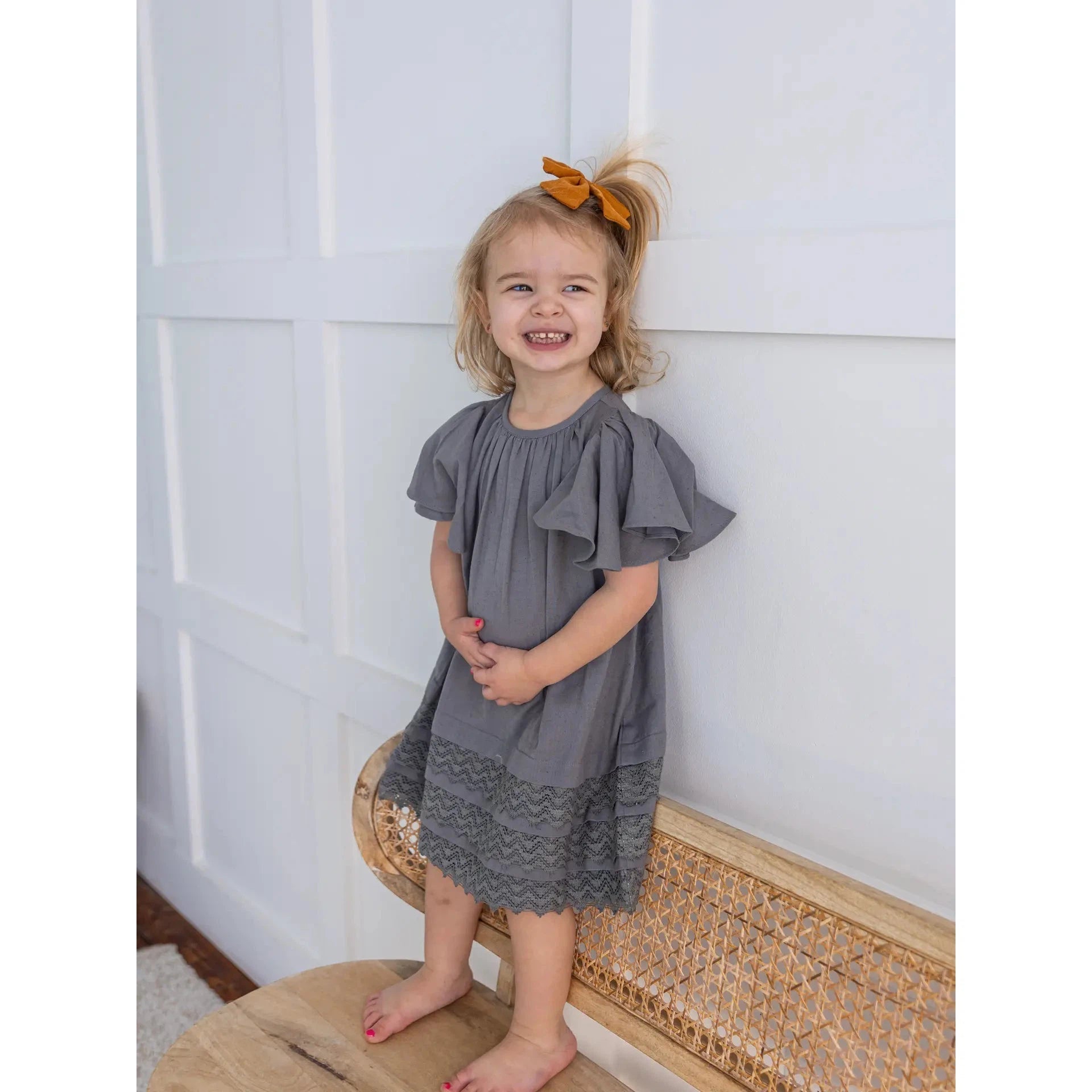 Grey Sleeve and Neck Gathered Dress — Cotton Girls Dress