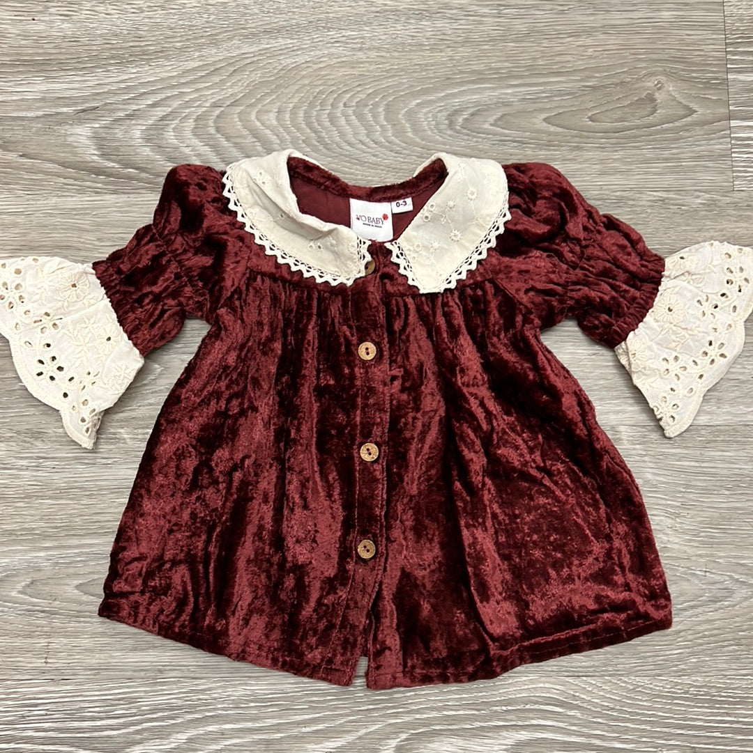 Yo Baby Maroon Velvet & Ivory Lace Detail Baby Dress Yo Baby Maroon Velvet & Ivory Lace Detail Baby Dress