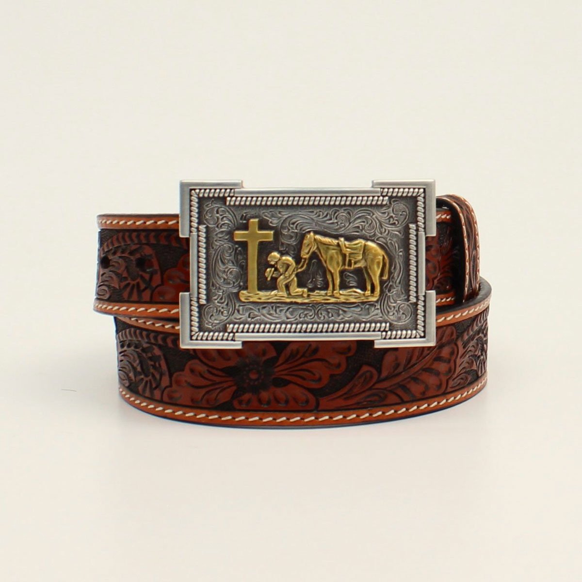 3D Belt Company Toddler Boys' 3D Belt 1 1/4" Floral Tooled Cowboy Prayers - Tan-M & F Western Products-Little Giant Kidz
