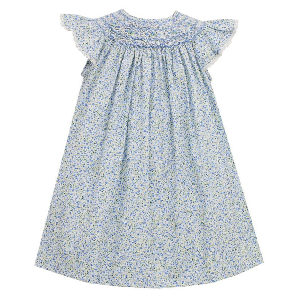 Anavini Blue Pique Floral Smocked Angel Wing Bishop Dress-ANAVINI-Little Giant Kidz