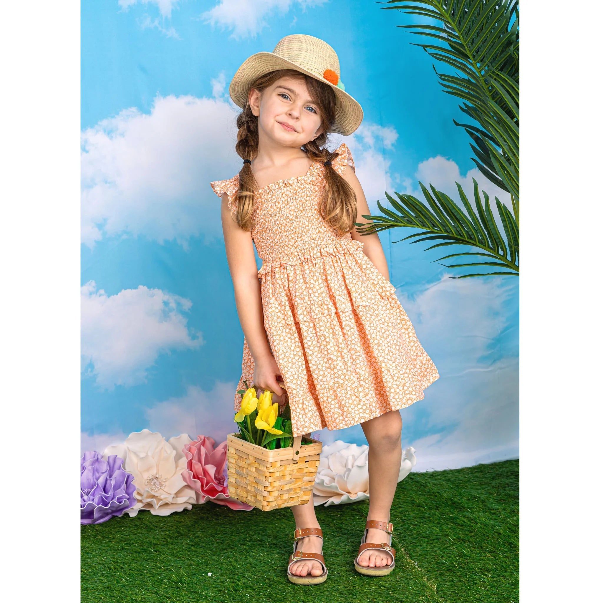 Andy & Evan Orange Floral Ruffle Smock Dress-ANDY & EVAN-Little Giant Kidz