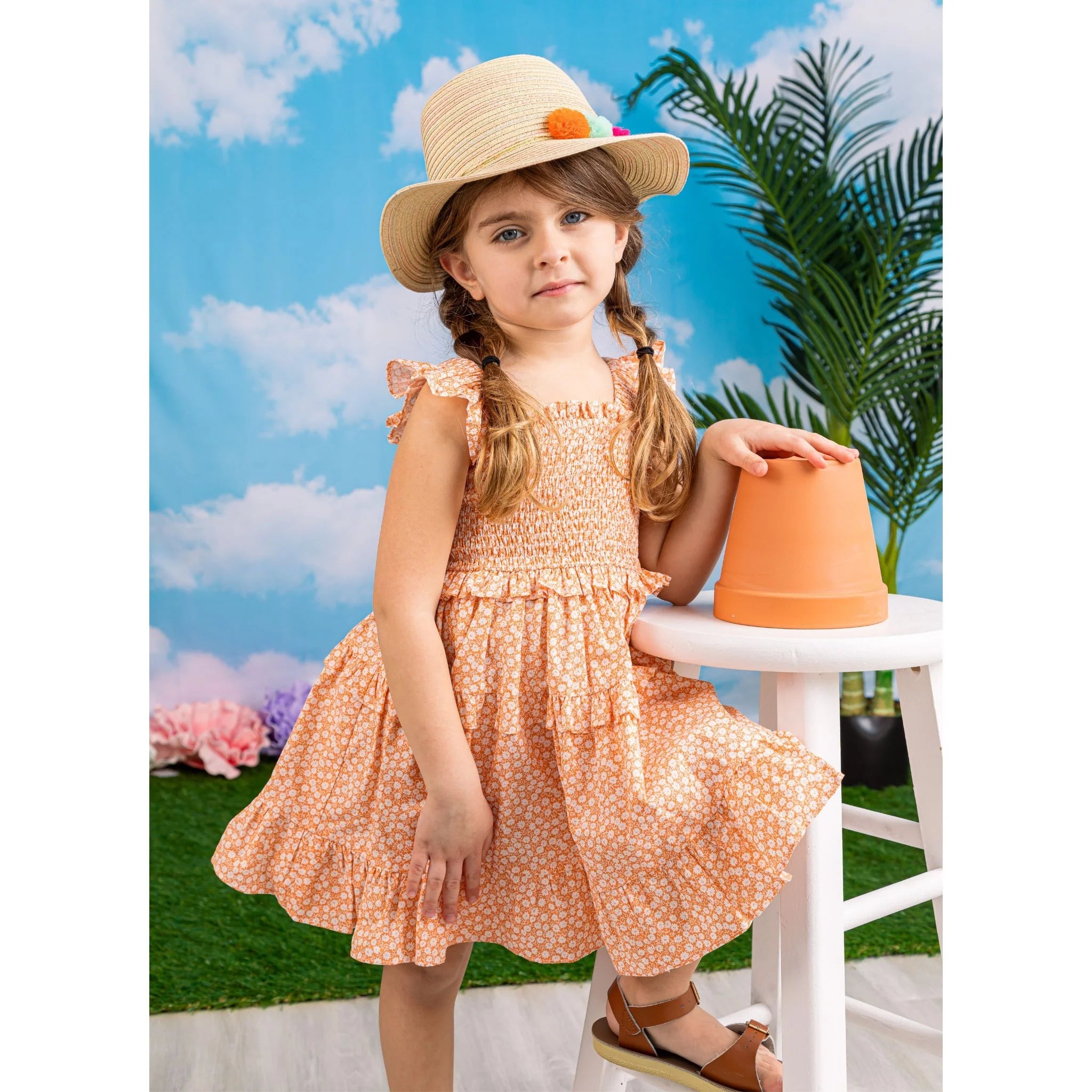 Andy & Evan Orange Floral Ruffle Smock Dress-ANDY & EVAN-Little Giant Kidz