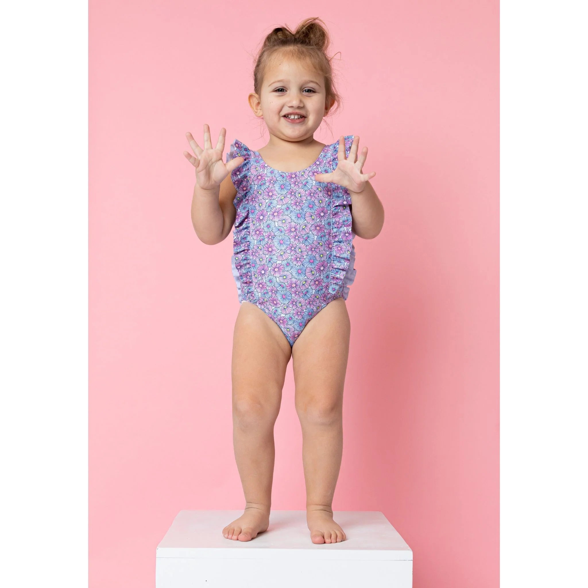 Andy & Evan UPF 50+ Purple Floral Daisy Print Ruffle One-Piece Swim Suit-ANDY & EVAN-Little Giant Kidz