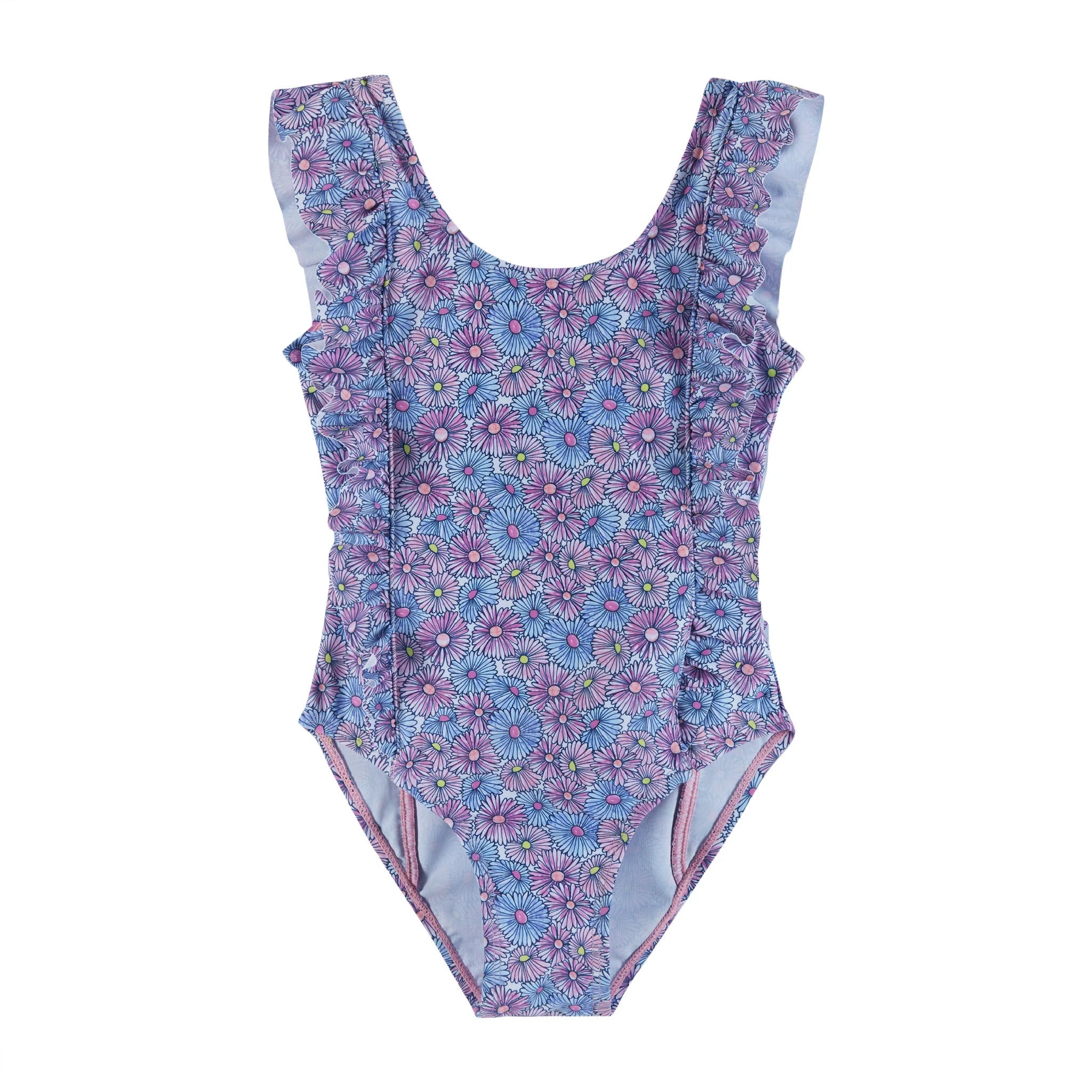 Andy & Evan UPF 50+ Purple Floral Daisy Print Ruffle One-Piece Swim Suit-ANDY & EVAN-Little Giant Kidz