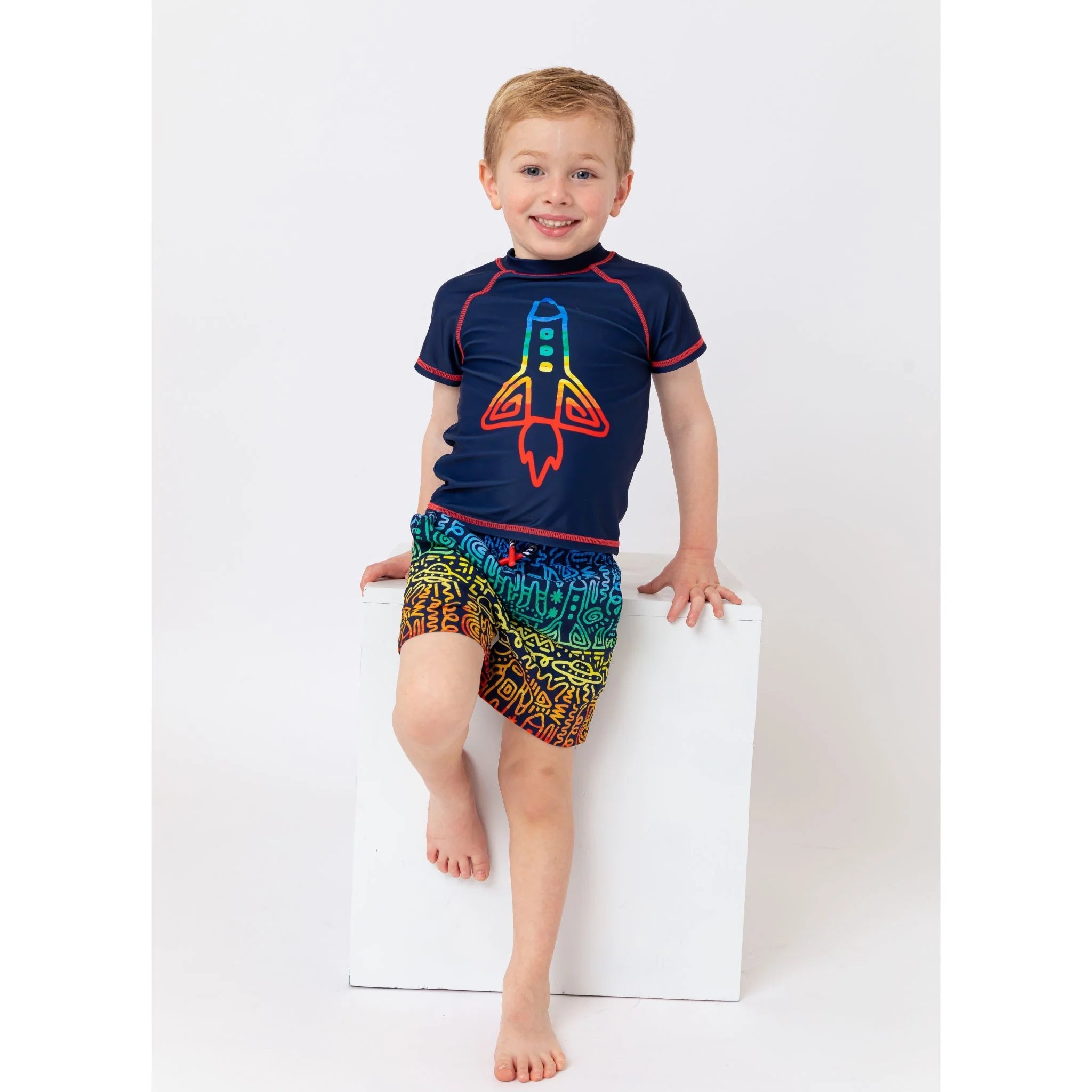 Andy & Evan UPF 50+ Rocket Print Rashguard & Stretch Swim Trunk Set-ANDY & EVAN-Little Giant Kidz