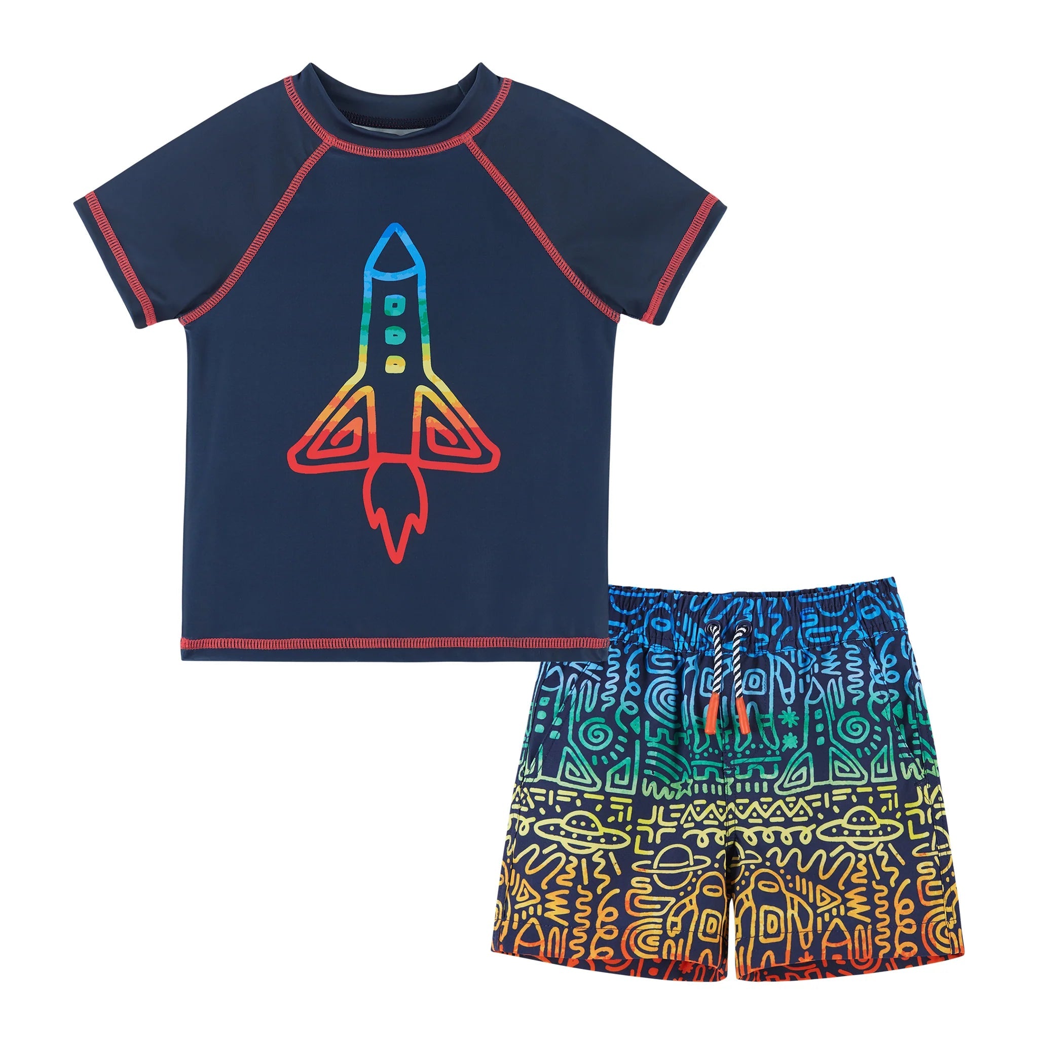 Andy & Evan UPF 50+ Rocket Print Rashguard & Stretch Swim Trunk Set-ANDY & EVAN-Little Giant Kidz