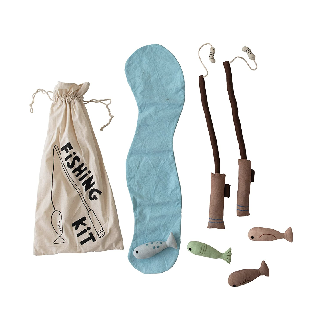 Creative Co-Op Handmade Canvas Fishing Kit with Embroidery, Set of 7 Pieces in Drawstring Bag-COOP-Little Giant Kidz