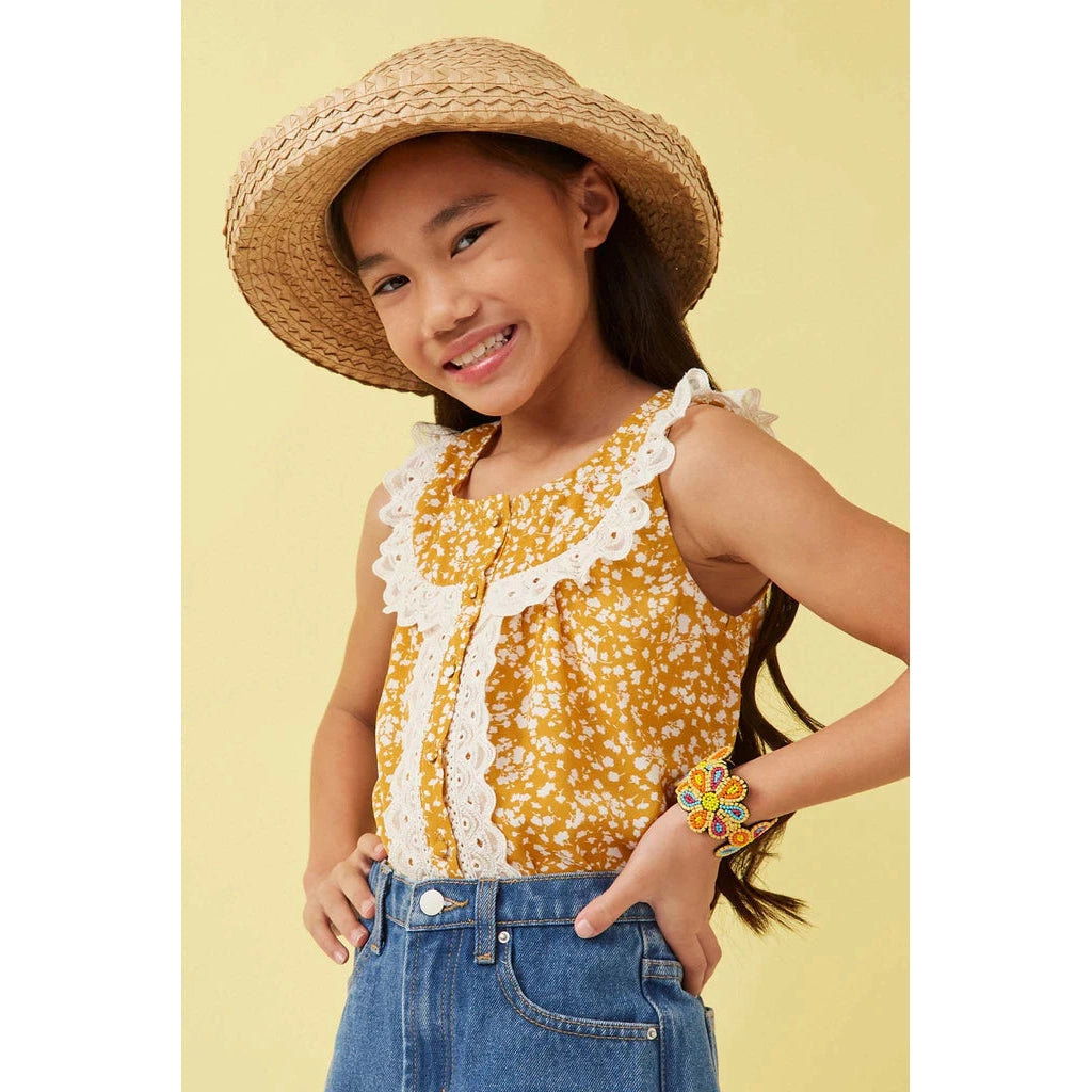 Hayden Girls Lace Detailed Ditsy Print Buttoned Tank-HAYDEN GIRLS-Little Giant Kidz