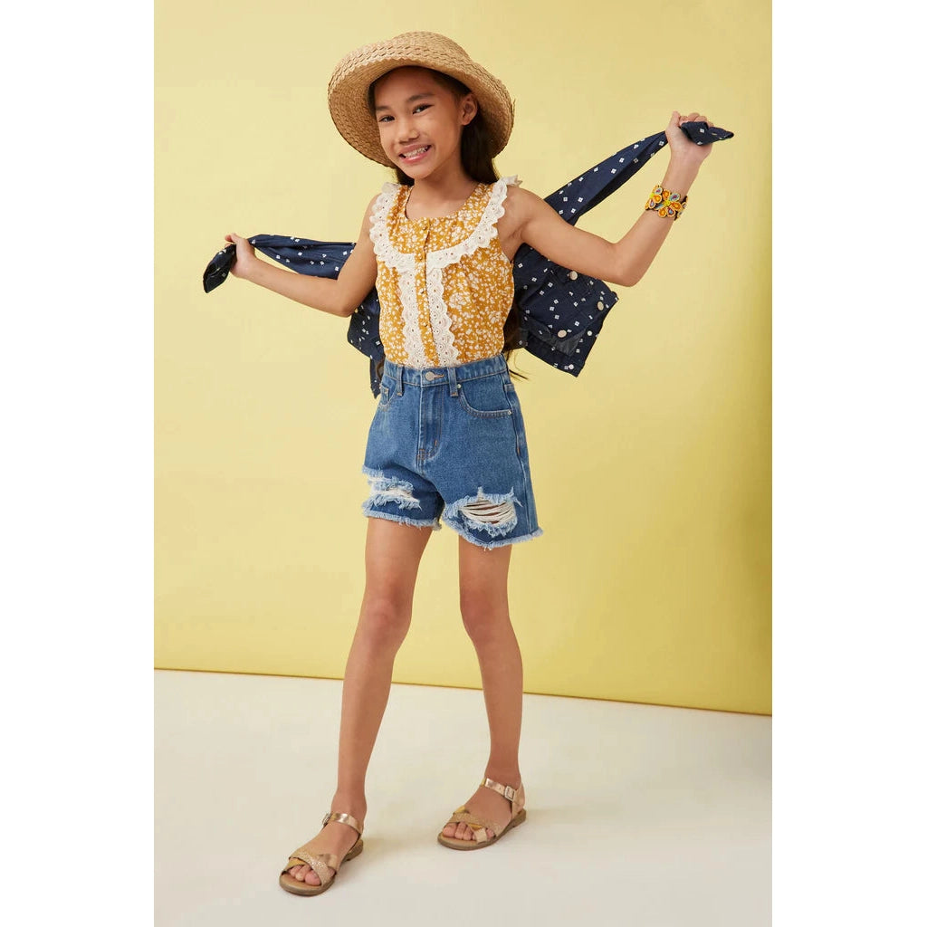 Hayden Girls Lace Detailed Ditsy Print Buttoned Tank-HAYDEN GIRLS-Little Giant Kidz