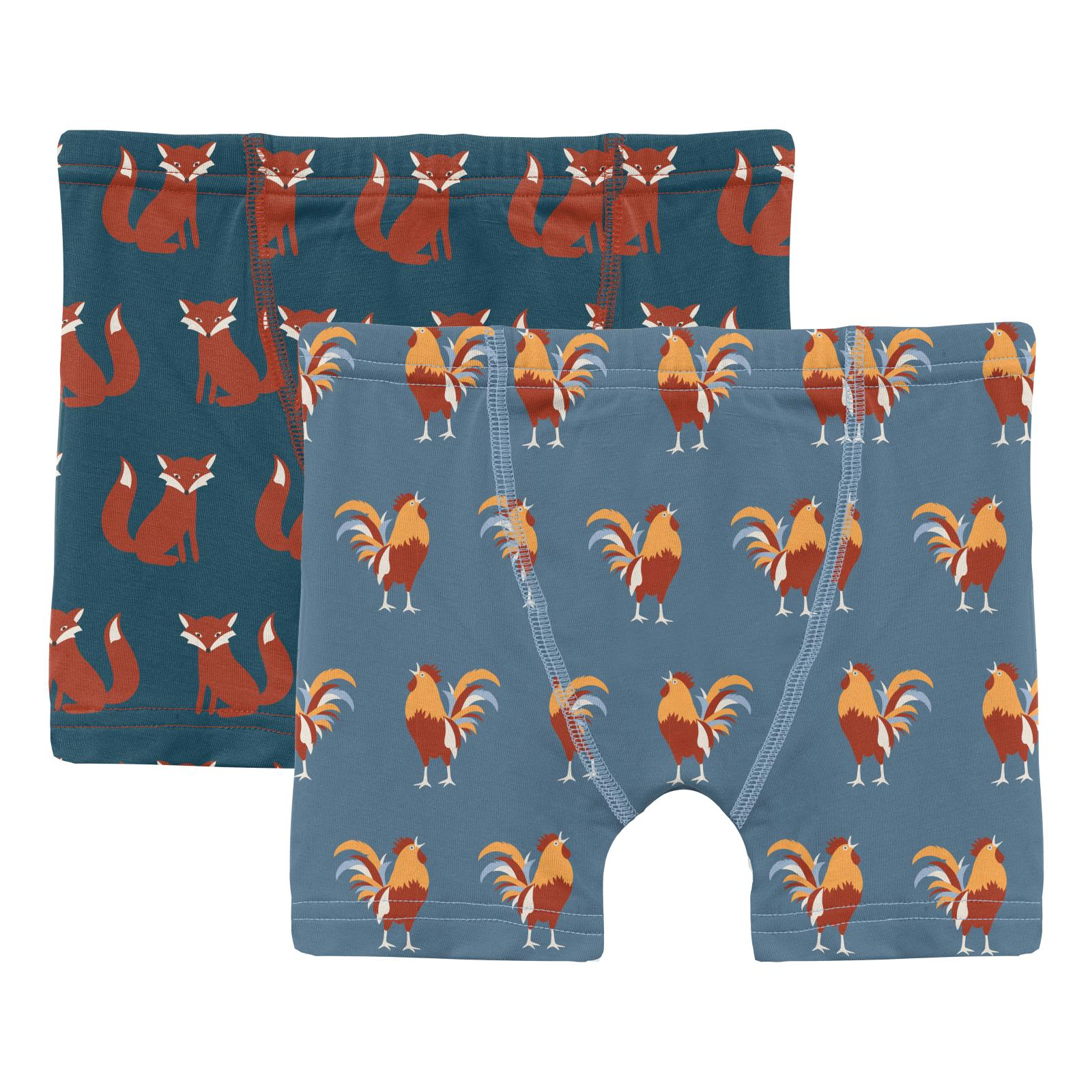 Kickee Pants Print Boxer Briefs Set in Peacock Fox & Parisian Rooster-Kickee Pants-Little Giant Kidz
