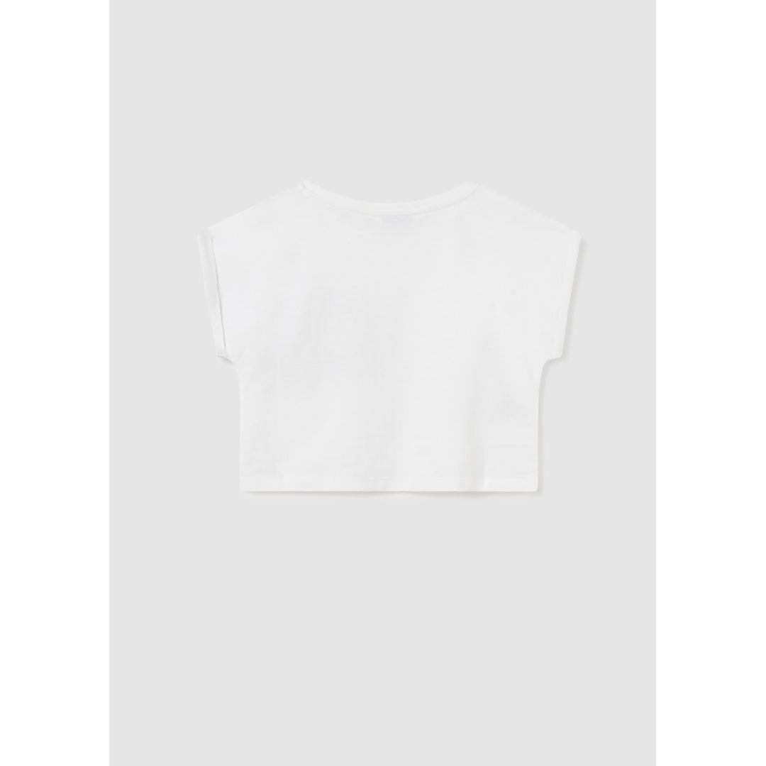 Mayoral Neutral Embroidered Pocket Cropped White Tee-MAYORAL-Little Giant Kidz