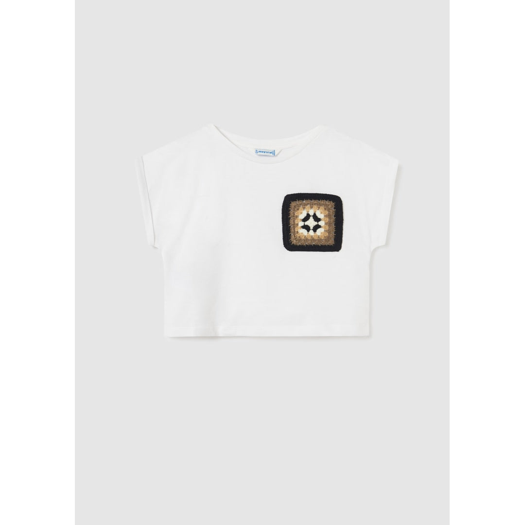 Mayoral Neutral Embroidered Pocket Cropped White Tee-MAYORAL-Little Giant Kidz