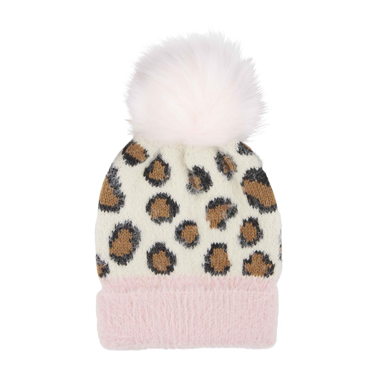 Mud Pie Ivory Fuzzy Knit Leopard Hat-MUD PIE-Little Giant Kidz