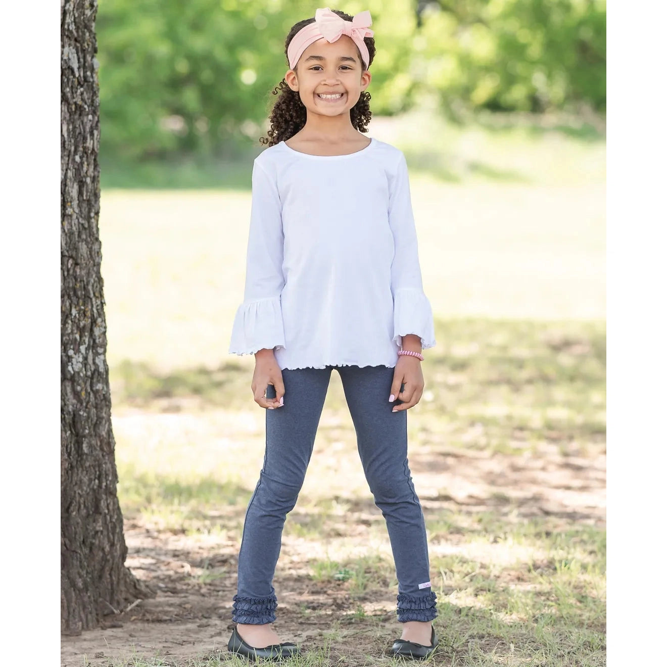 RuffleButts Faux Denim Solid Ruffle Leggings-RUFFLEBUTTS-Little Giant Kidz