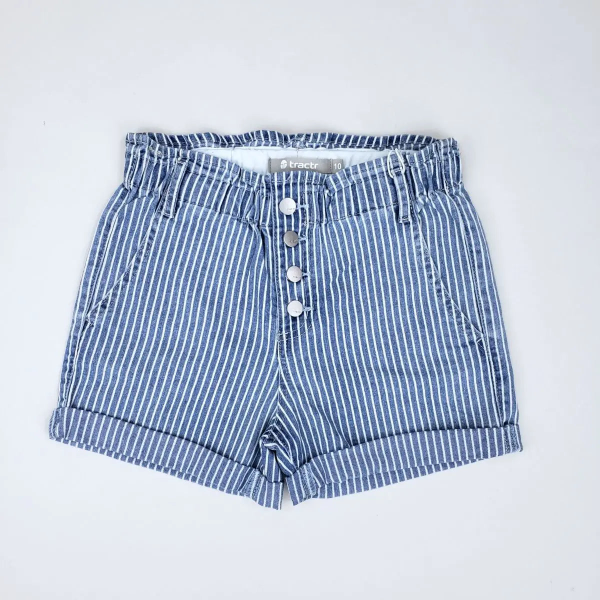 Tractr Girls High-Rise Stripe Paper Bag Short - Medium Wash-TRACTR JEANS-Little Giant Kidz