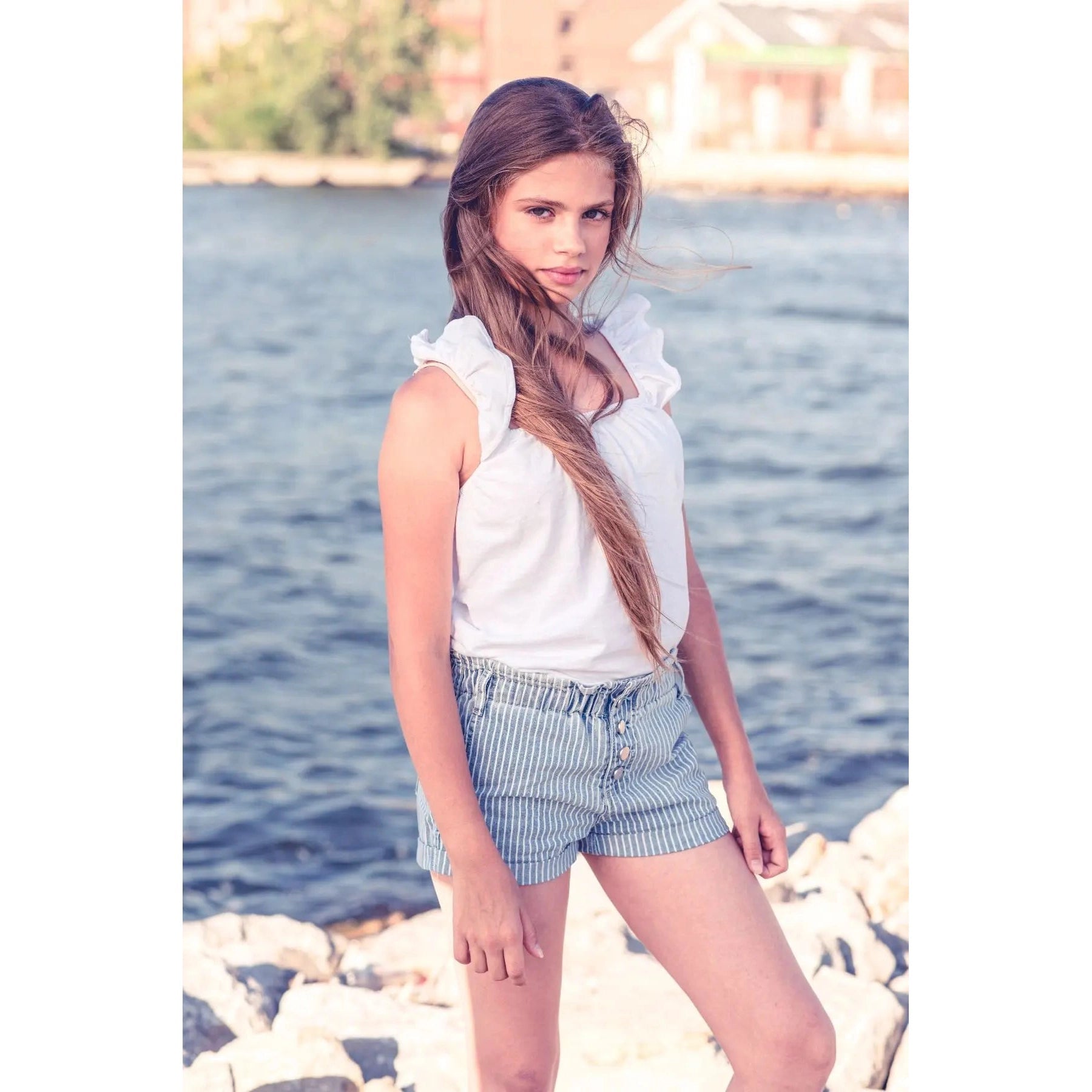 Tractr Girls High-Rise Stripe Paper Bag Short - Medium Wash-TRACTR JEANS-Little Giant Kidz