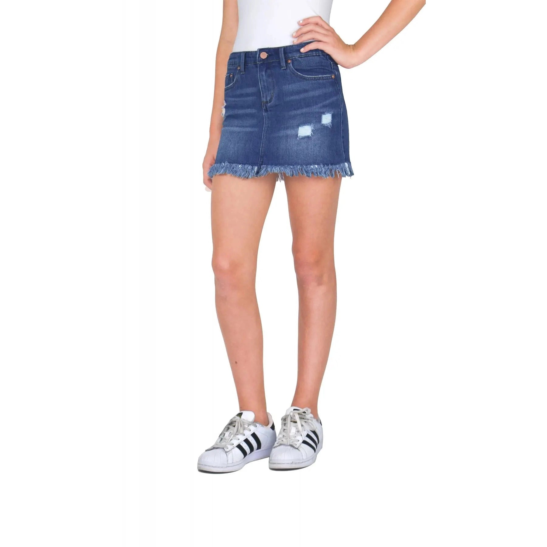 Tractr Girls Lisa Fray Hew Denim Mini Skirt - Medium Indigo-TRACTR JEANS-Little Giant Kidz