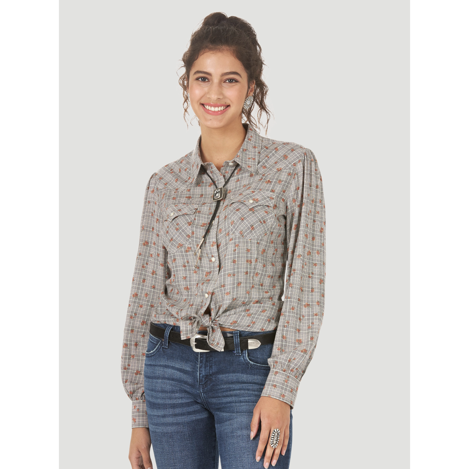 Wrangler Women's Wrangler Retro® Long Sleeve Western Snap Plaid Overprint Top in Grey Multi-Wrangler-Little Giant Kidz
