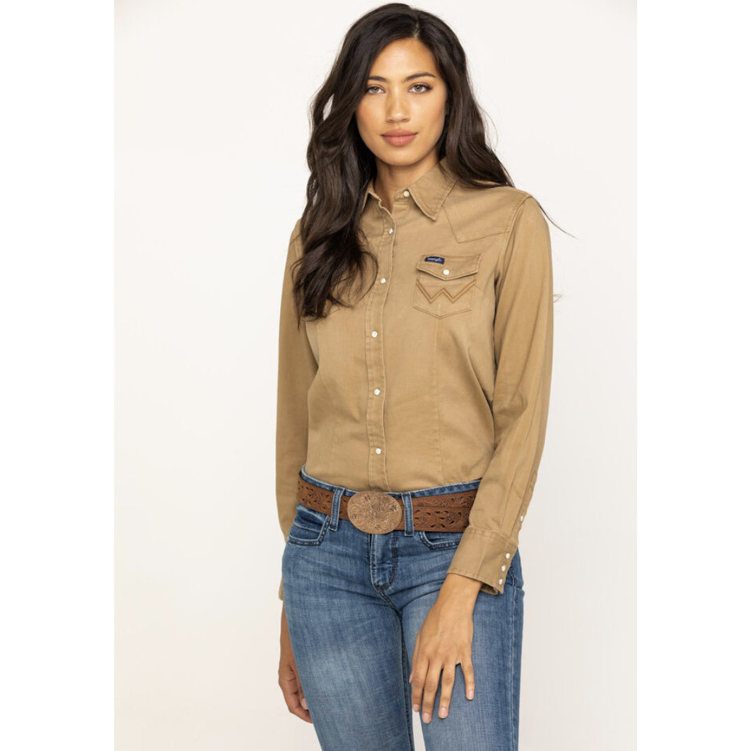 Wrangler® Long Sleeve One Point Front & Back Yokes Solid Top - Tan-Wrangler-Little Giant Kidz