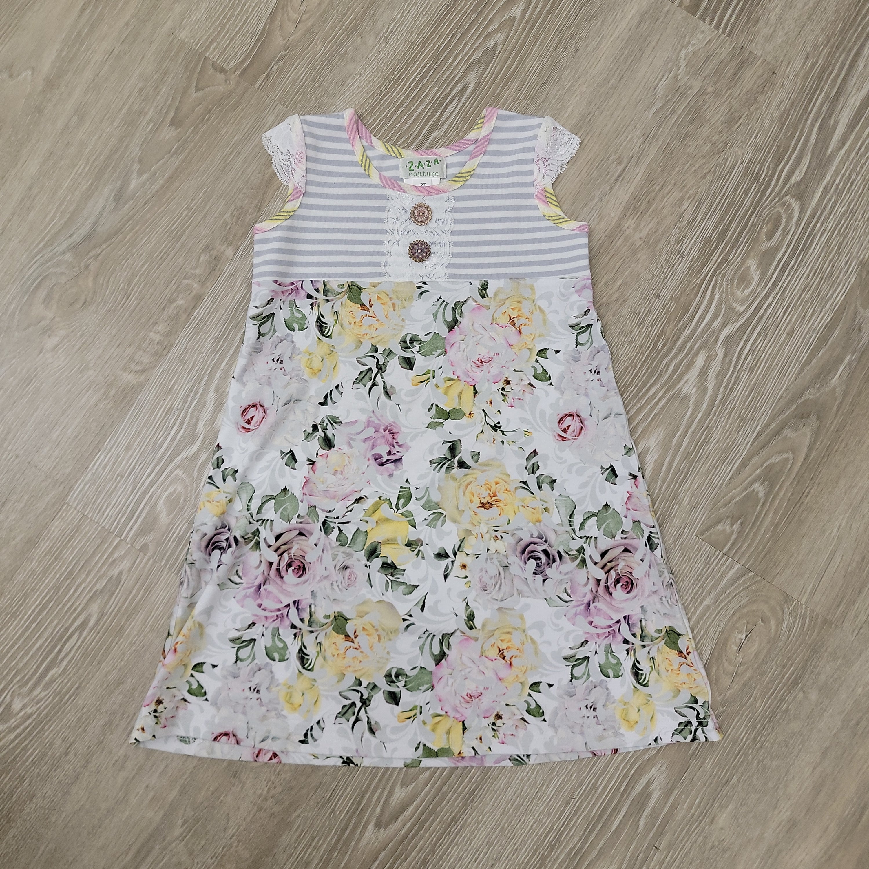 ZaZa Couture Gray Stripes & Floral Print Dress-ZAZA COUTURE-Little Giant Kidz