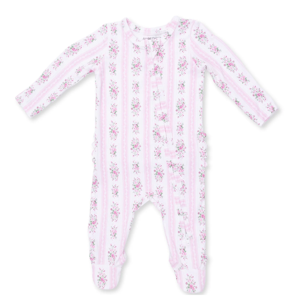 Angel Dear Bella Rose Stripe - 2 Way Ruffle Back Zipper Footie-Angel Dear-Little Giant Kidz