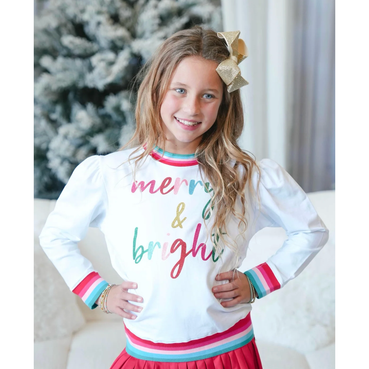 Azarhia Christmas Holly Glitter Merry & Bright Sweatshirt - White-AZARHIA-Little Giant Kidz