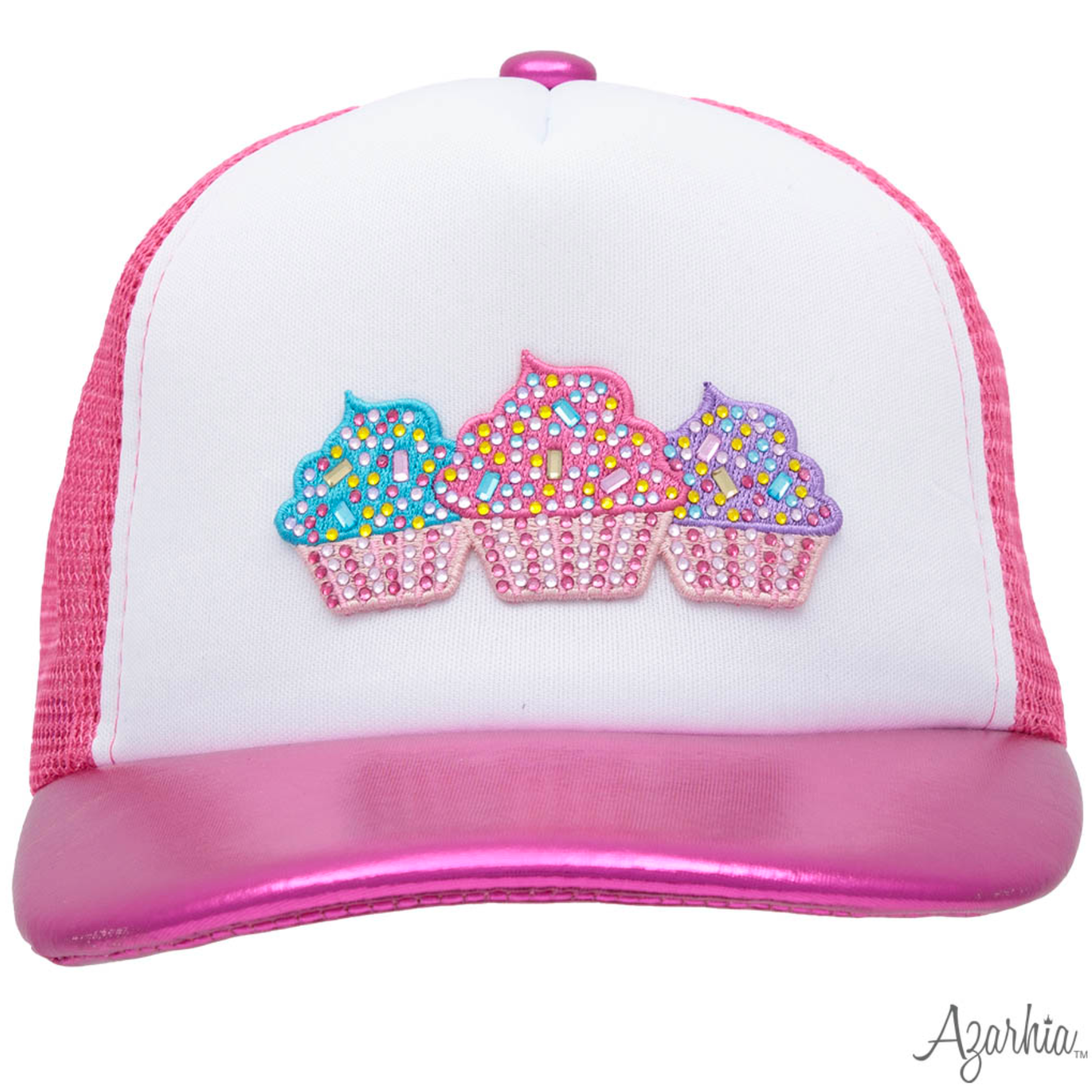 Azarhia Cupcake Rhinestone Hot Pink Metallic Trucker Hat-AZARHIA-Little Giant Kidz