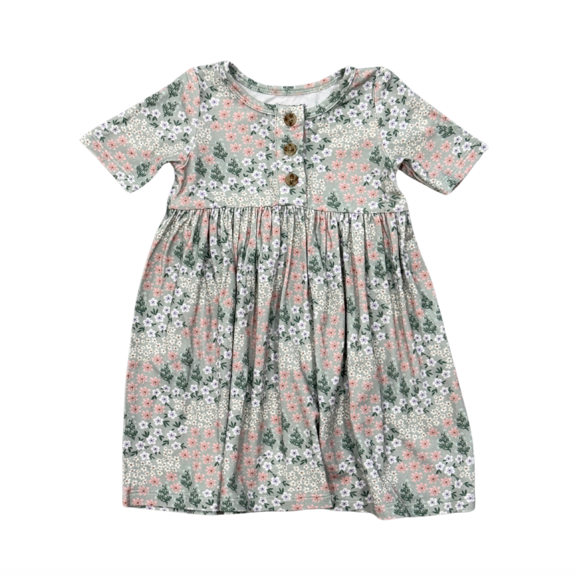 Baby Sprouts Girl's Short Sleeve Henley Dress- Aqua Grey Floral-Baby Sprouts-Little Giant Kidz