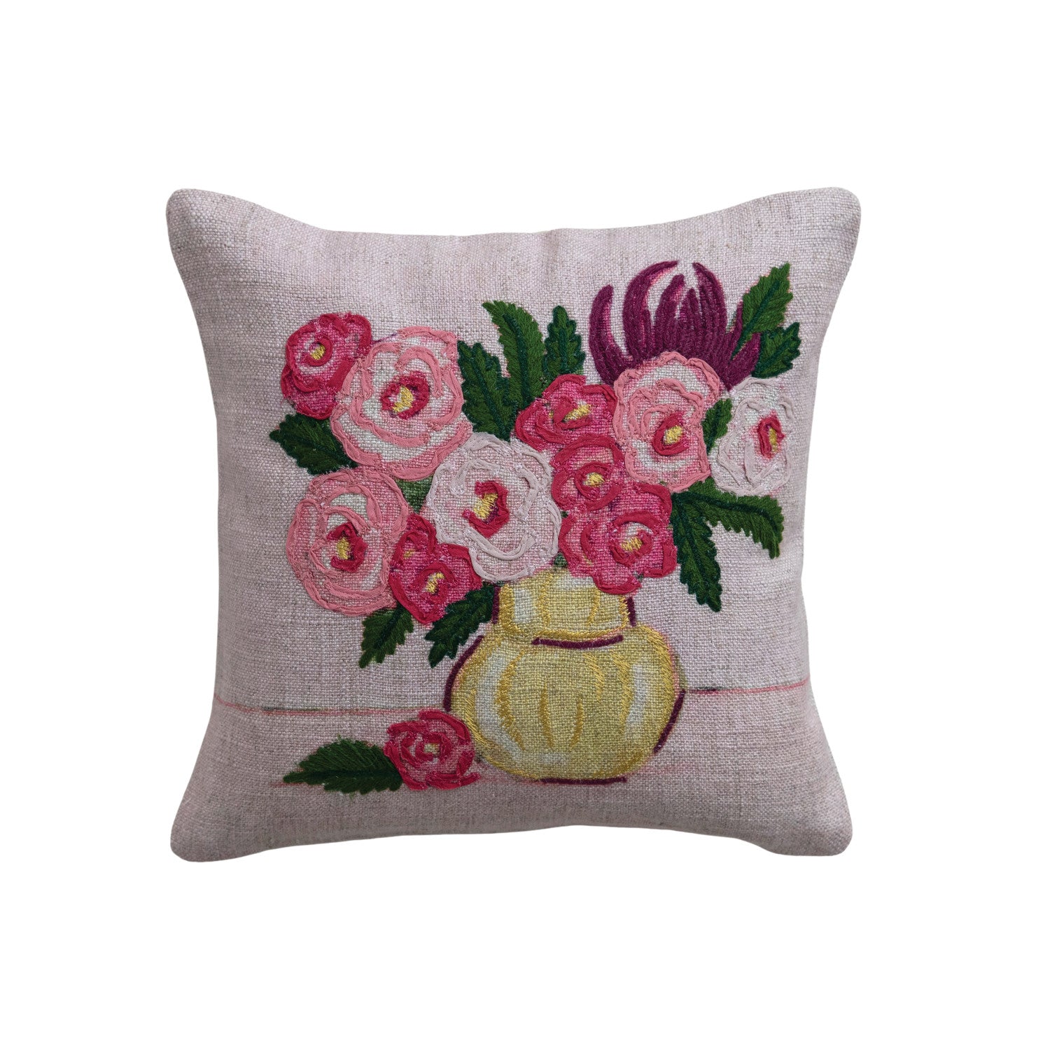 Creative Co-Op 12" Square Fabric & Linen Printed Pillow with Embroidered Flowers ©-COOP-Little Giant Kidz