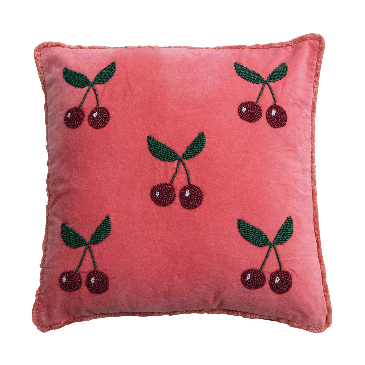 Creative Co-Op 20" Square Cotton Velvet Pillow with Hand-Beaded Cherries & Tufted Fringe, Pink, Red & Green-COOP-Little Giant Kidz
