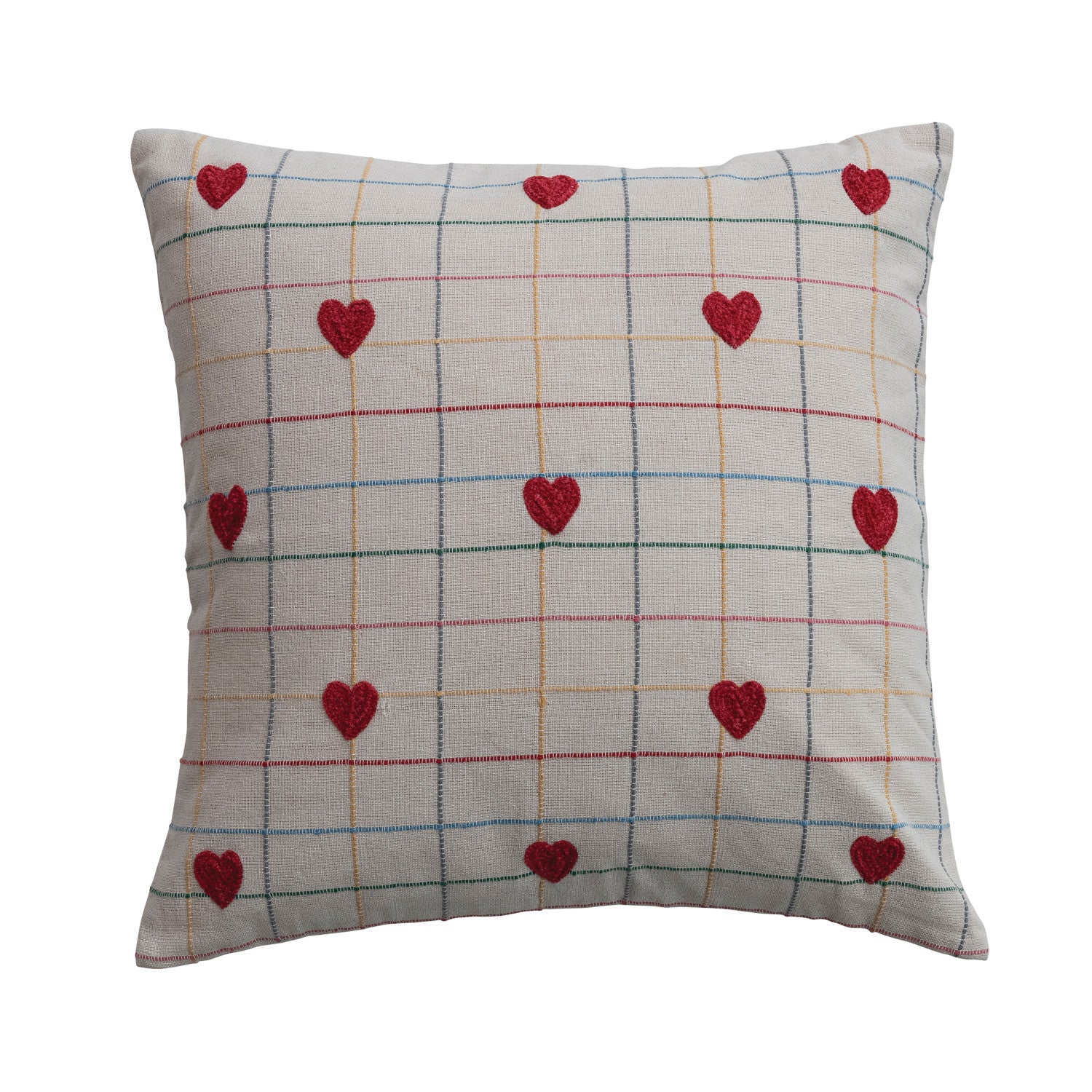 Creative Co-Op 20" Square Woven Cotton Pillow with Grid Pattern & Embroidered Hearts-COOP-Little Giant Kidz