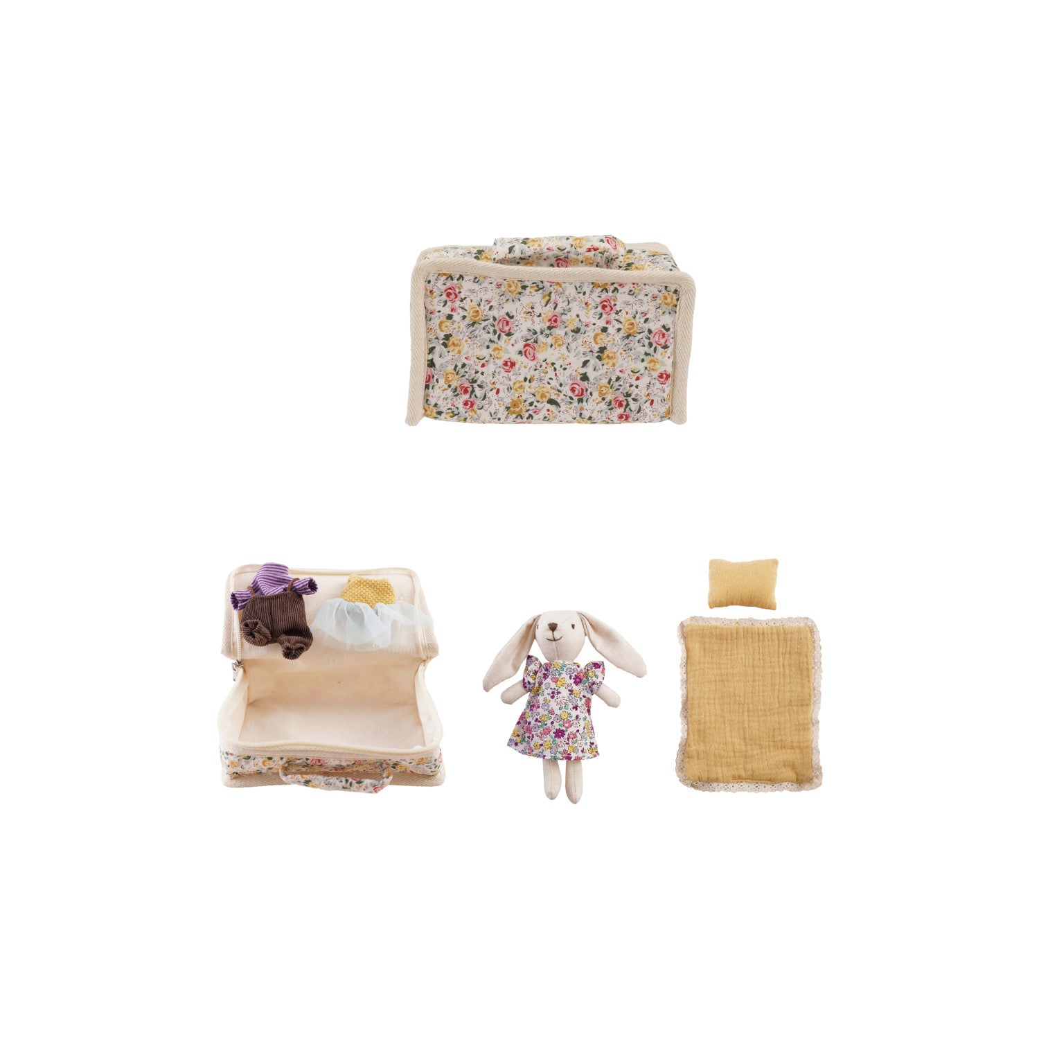 Creative Co-Op 7"L x 4"W x 1-1/2"H Fabric Zip Suitcase Bed with Plush Bunny & Outfits, Set of 6-COOP-Little Giant Kidz