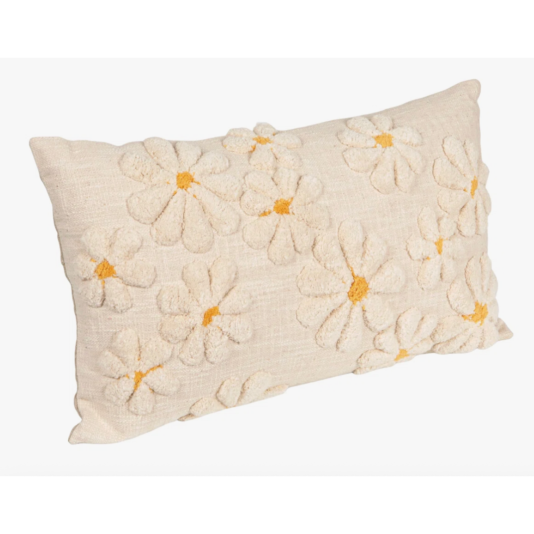 Creative Co-Op Cotton Slub Lumbar Pillow with Tufted Flowers, Natural & Yellow-COOP-Little Giant Kidz