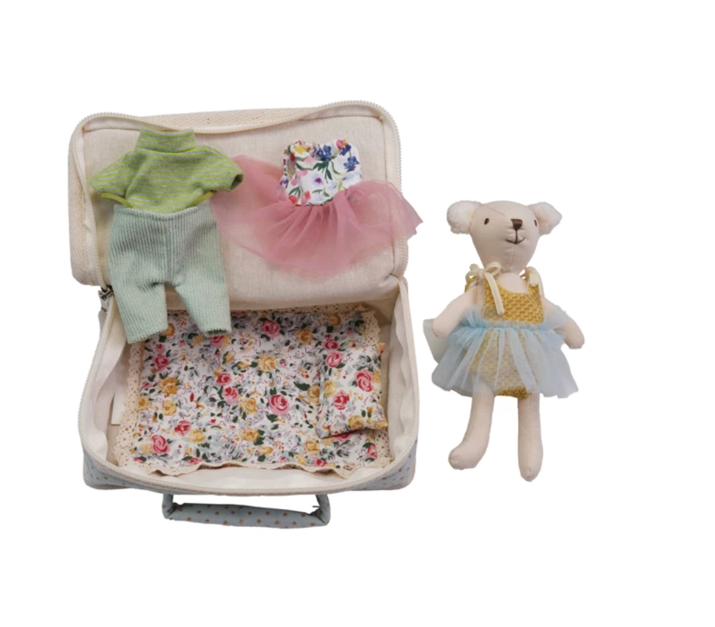 Creative Co-Op Fabric Suitcase Bed with Plush Bear & Outfits, Set of 6-COOP-Little Giant Kidz