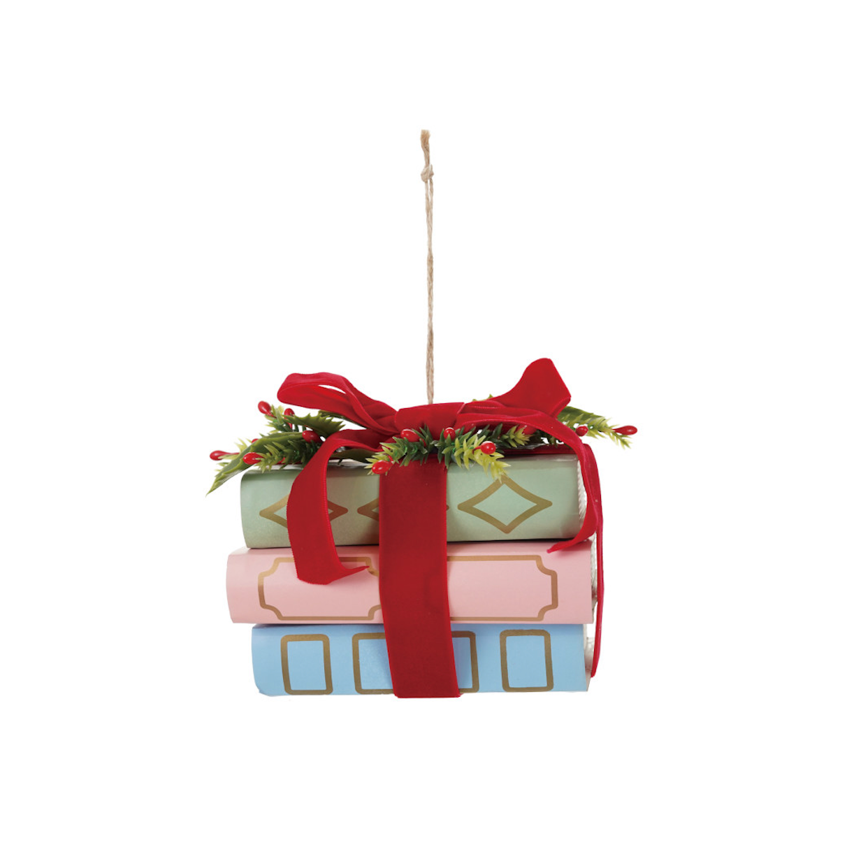 Creative Co-Op Paper Stacked Books Ornament with Velvet Ribbon & Holly ©-COOP-Little Giant Kidz