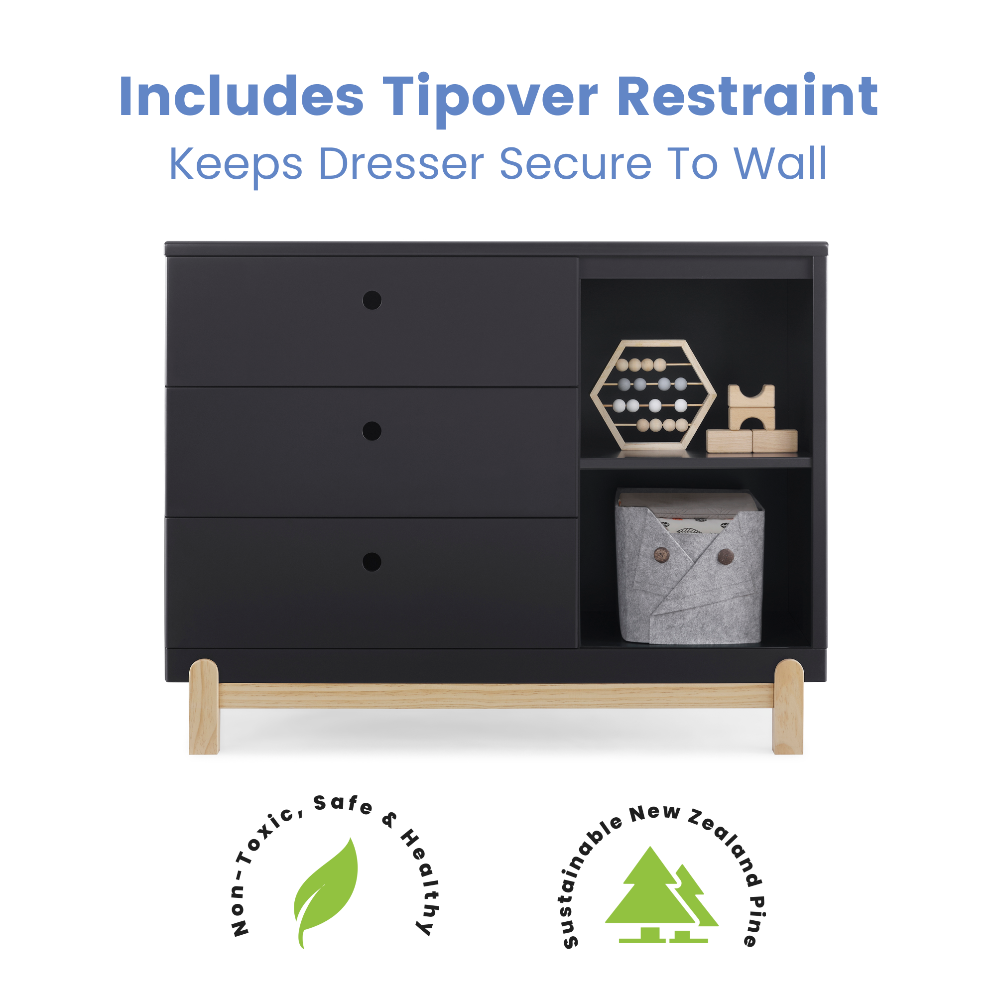 Delta Poppy 3 Drawer Dresser with Cubbies - Midnight & Natural-DELTA-Little Giant Kidz