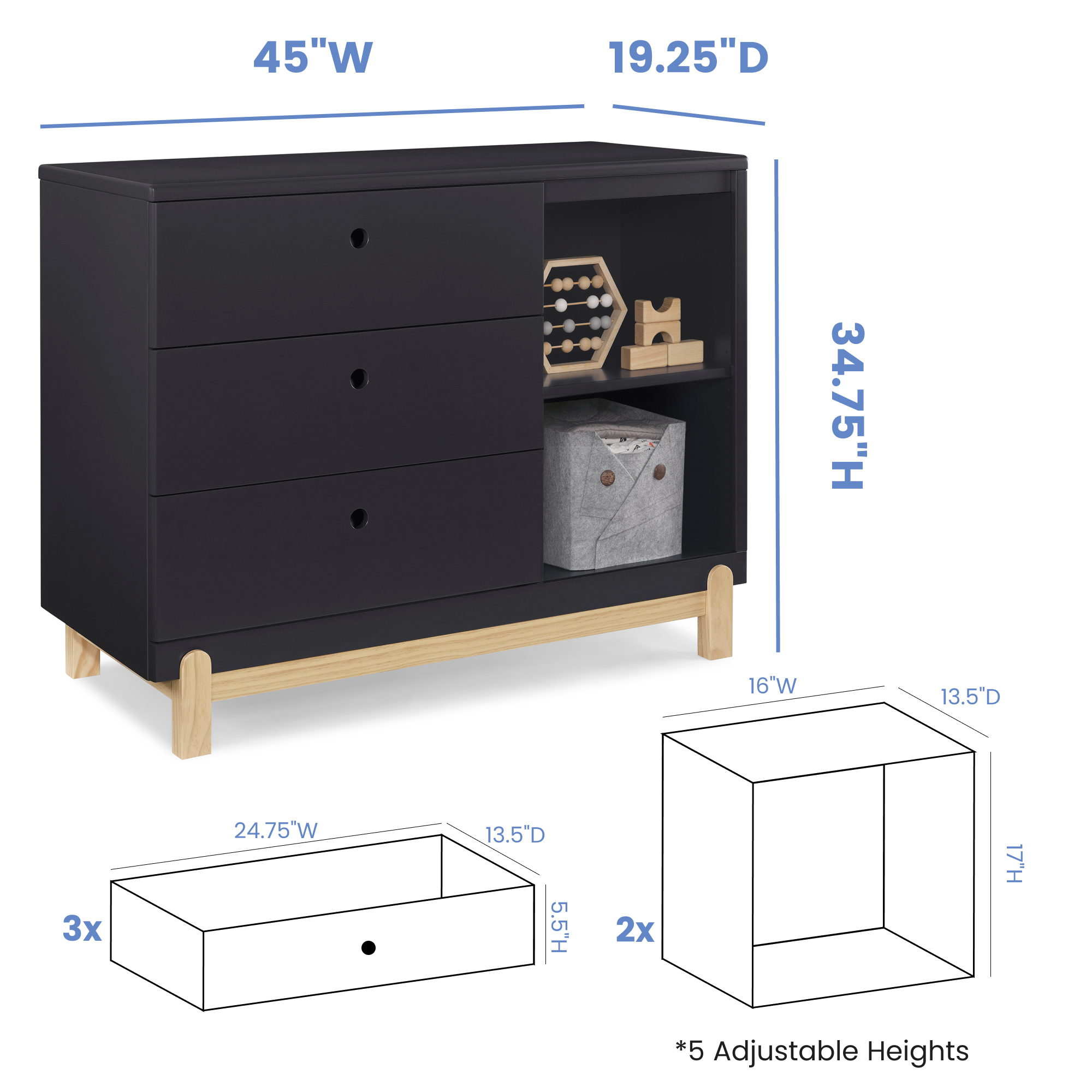 Delta Poppy 3 Drawer Dresser with Cubbies - Midnight & Natural-DELTA-Little Giant Kidz
