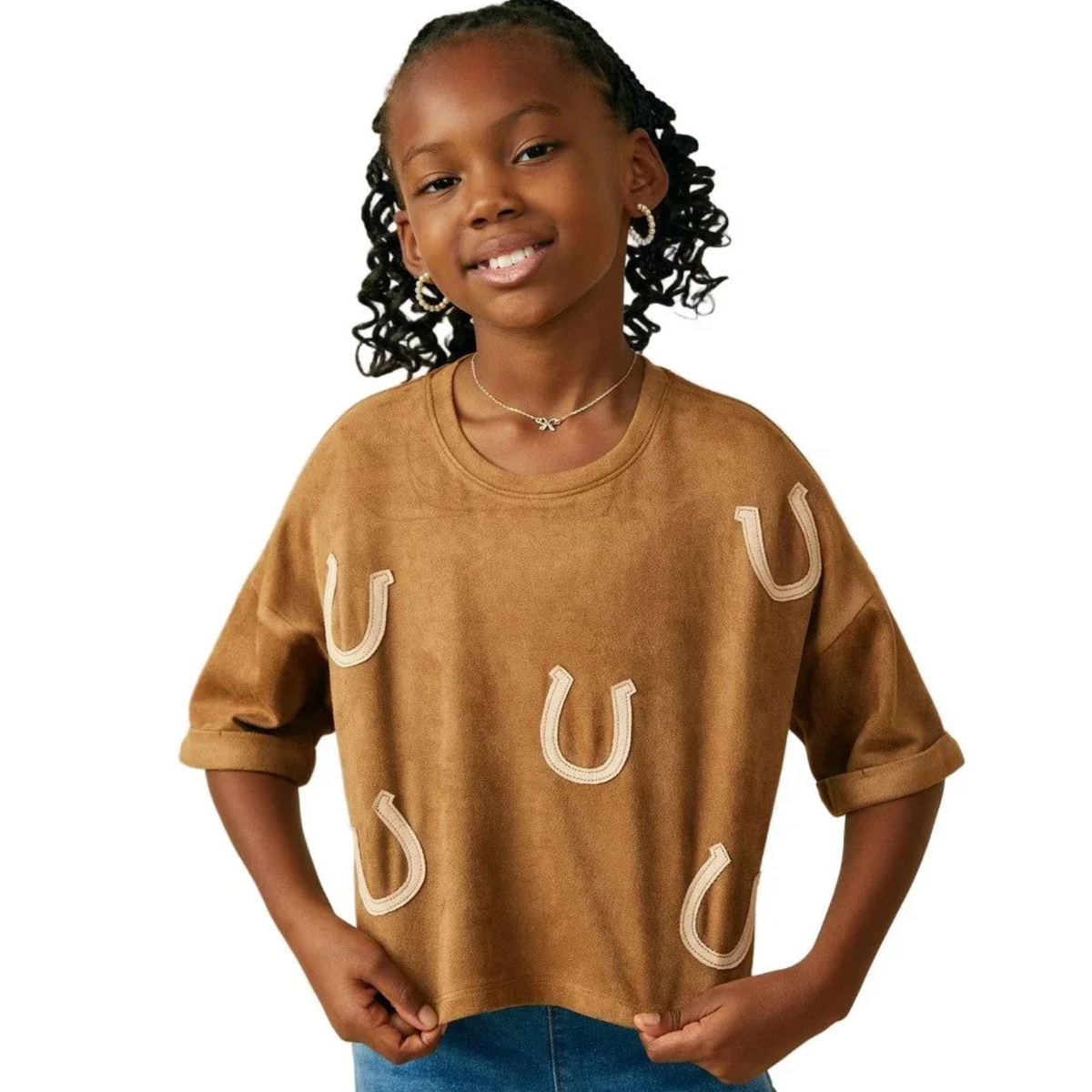 Girls Hayden Horseshoe Patched Drop Shoulder Suede-HAYDEN GIRLS-Little Giant Kidz